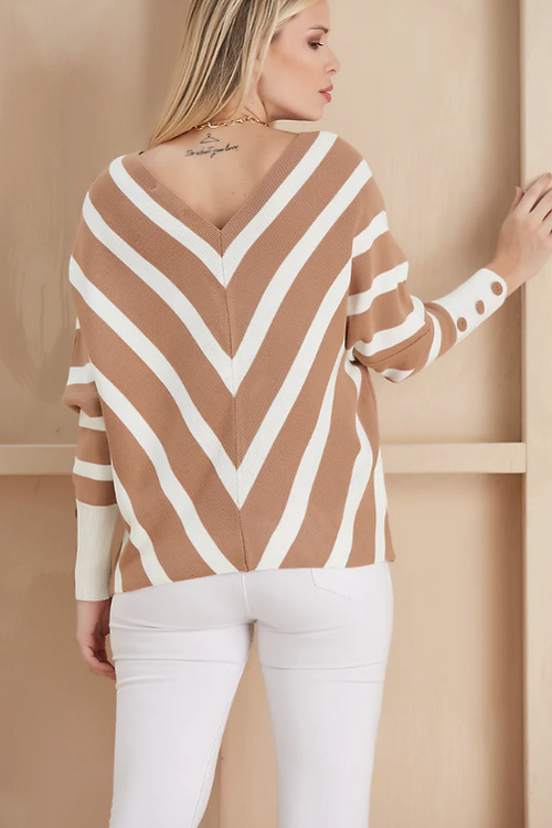Striped Knitted Sweater with Buttons in Camel
