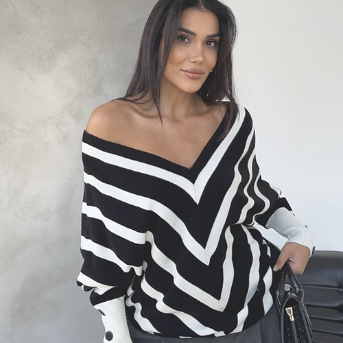 Off Shoulders Striped Knitted Sweater with Buttons