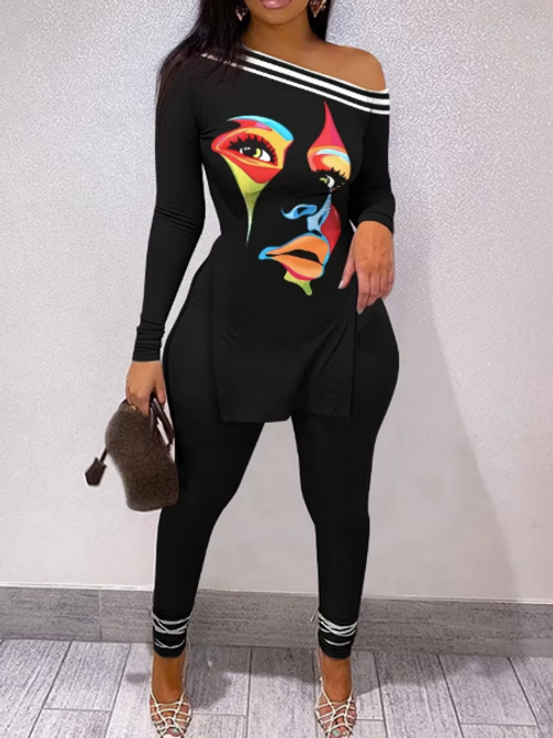 Black Elegant Women Printed Face Off Shoulder Streetwear Set