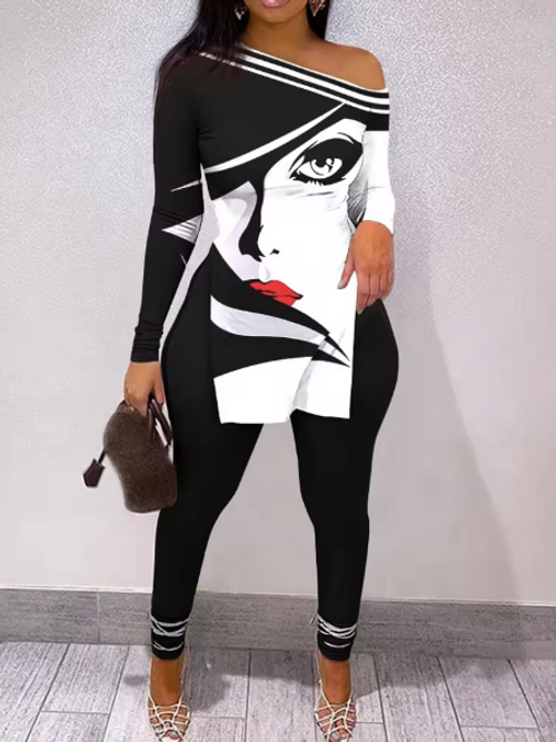 White & Black Elegant Women Printed Face Off Shoulder Streetwear Set