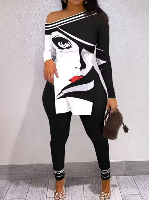White & Black Elegant Women Printed Face Off Shoulder Streetwear Set