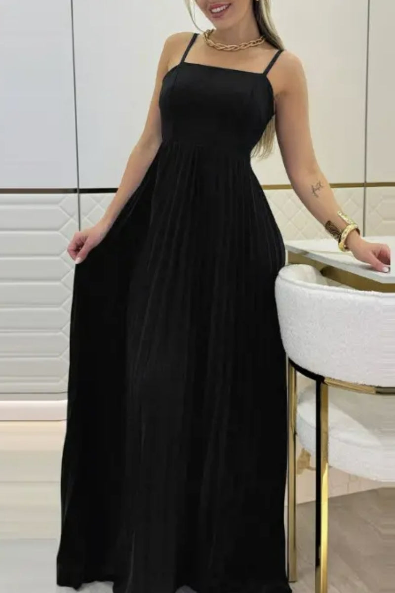Spring Spaghetti Strap Black Pleated Dress
