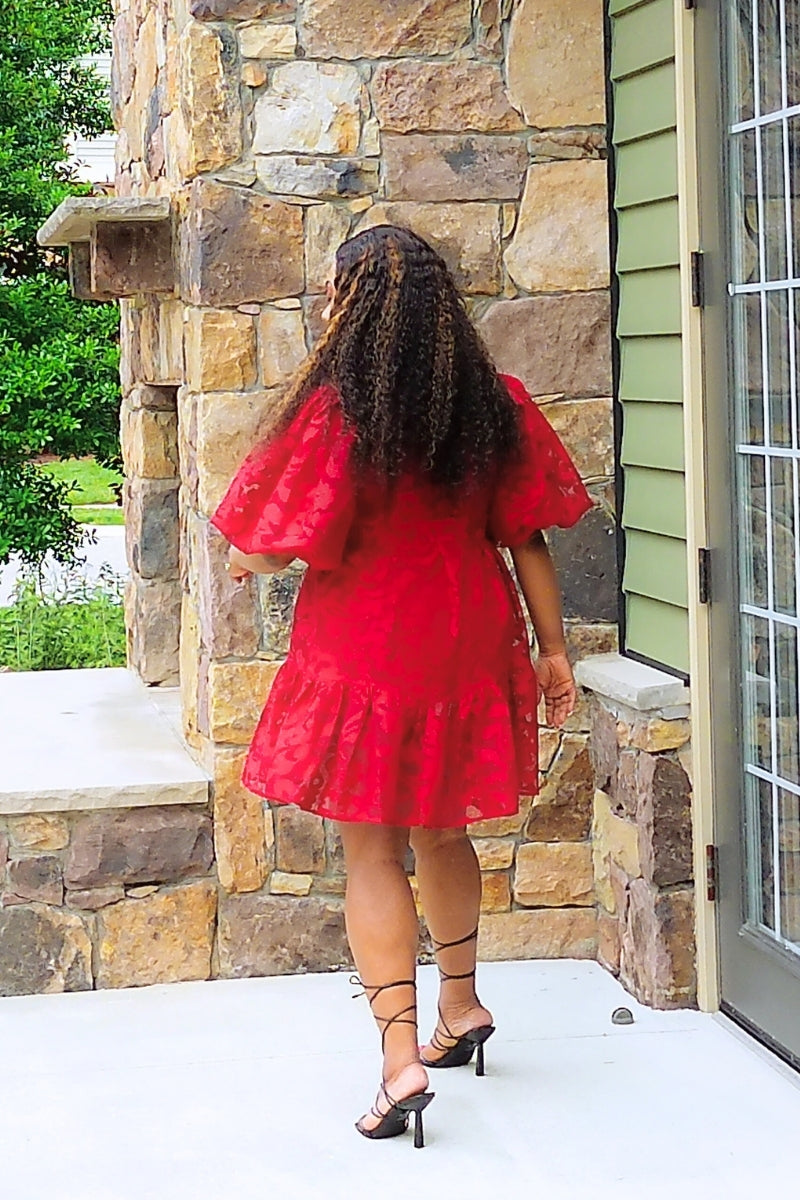 Red Puffy Sleeve Mini Dress!