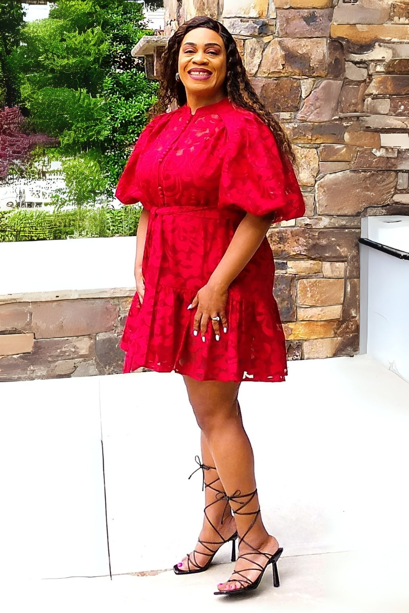 Red Puffy Sleeve Mini Dress!