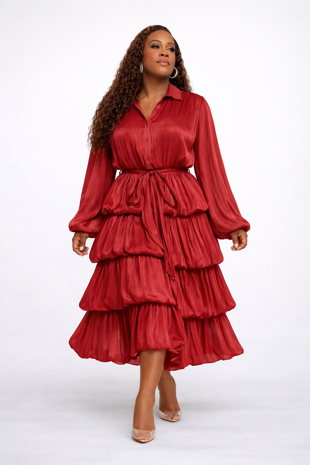 Long Sleeve Bubble Tiered Layered Midi Dress