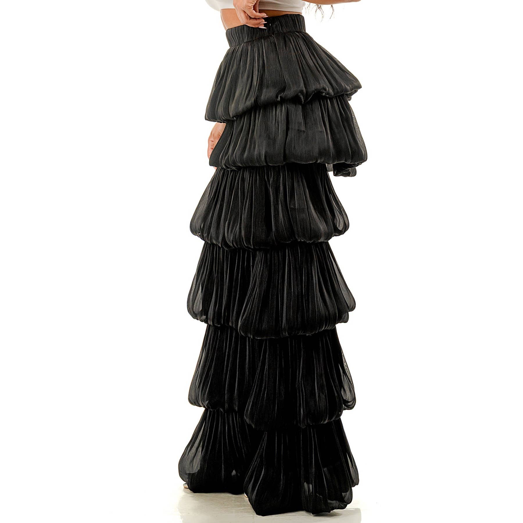 Black Bubble Hem Tiered Ruffled Organza Pants