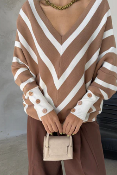 Striped Knitted Sweater with Buttons in Camel