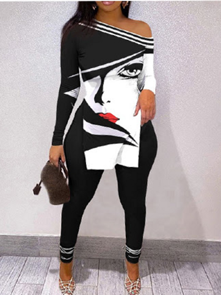 White & Black Elegant Women Printed Face Off Shoulder Streetwear Set