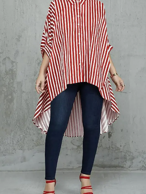 Striped Batwing Sleeve Dip Top