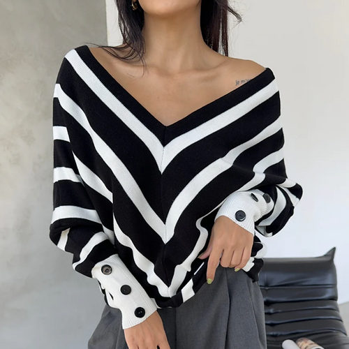 Off Shoulders Striped Knitted Sweater with Buttons