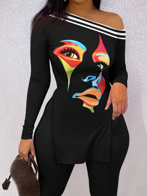Black Elegant Women Printed Face Off Shoulder Streetwear Set