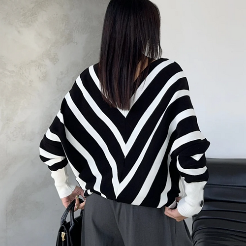Off Shoulders Striped Knitted Sweater with Buttons