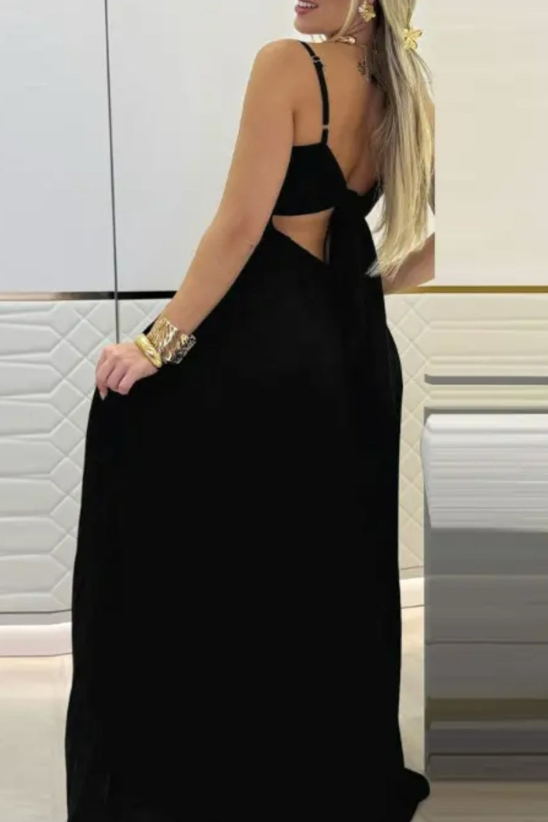 Spring Spaghetti Strap Black Pleated  Dress