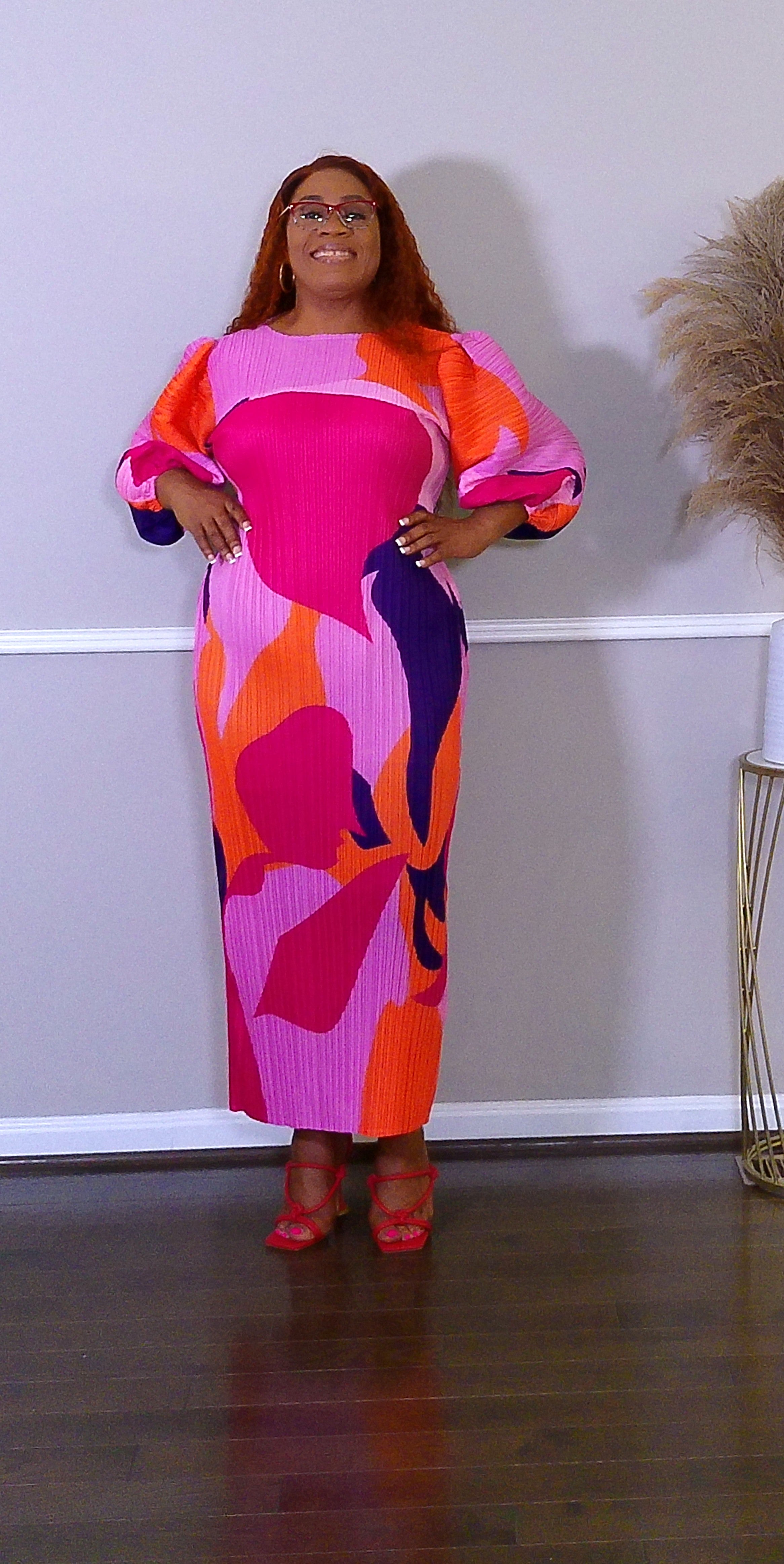 Colorful in Pink  Puff Sleeve  Maxi Dress