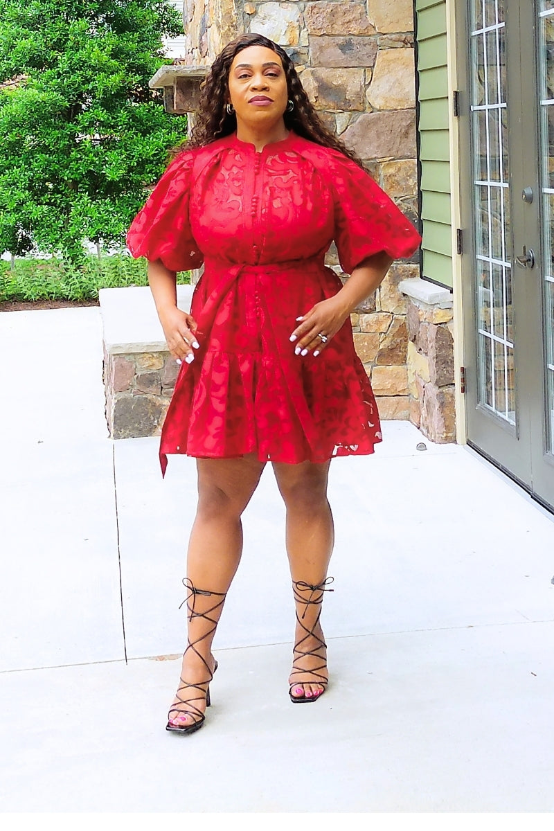 Red Puffy Sleeve Mini Dress!