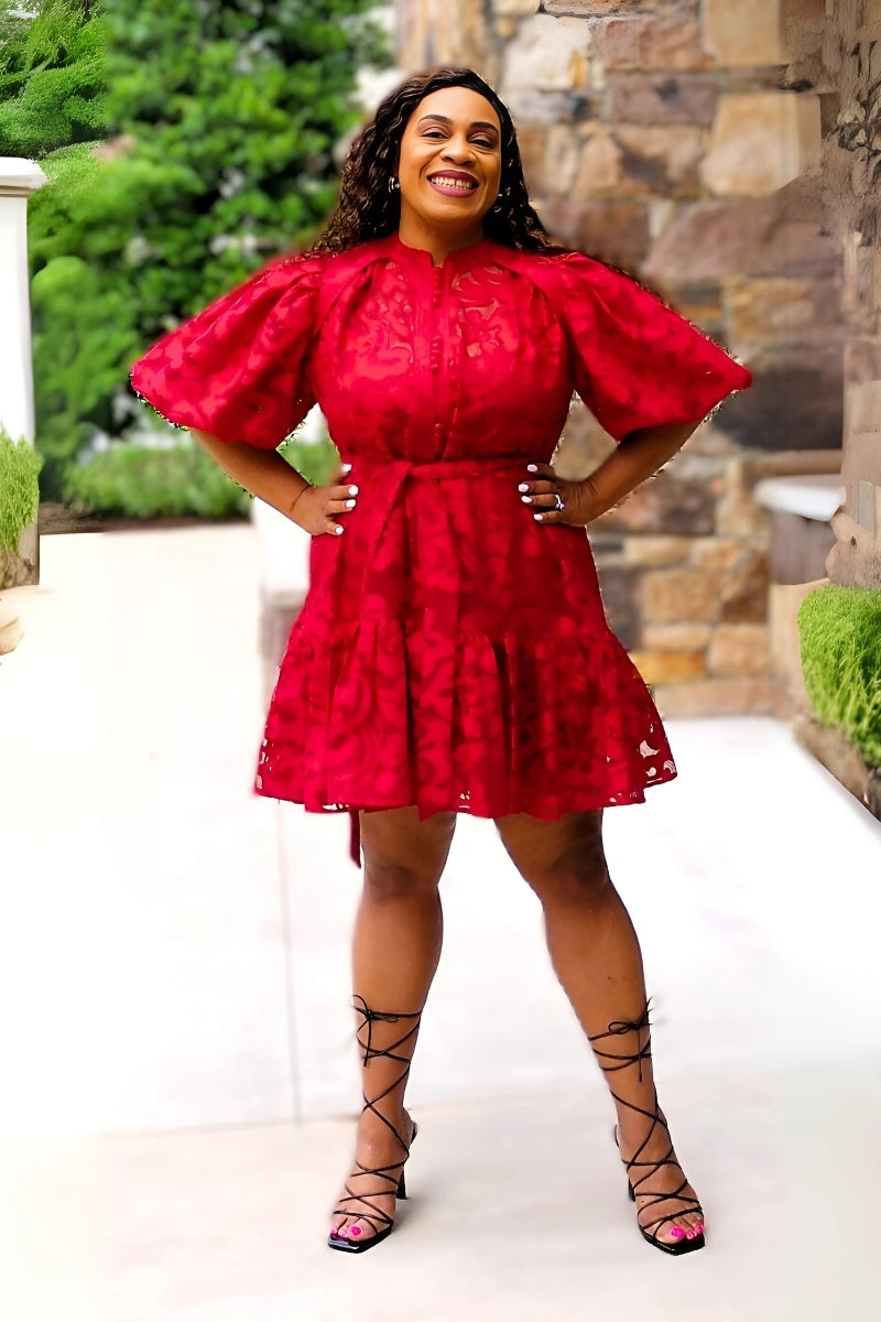 Red Puffy Sleeve Mini Dress!