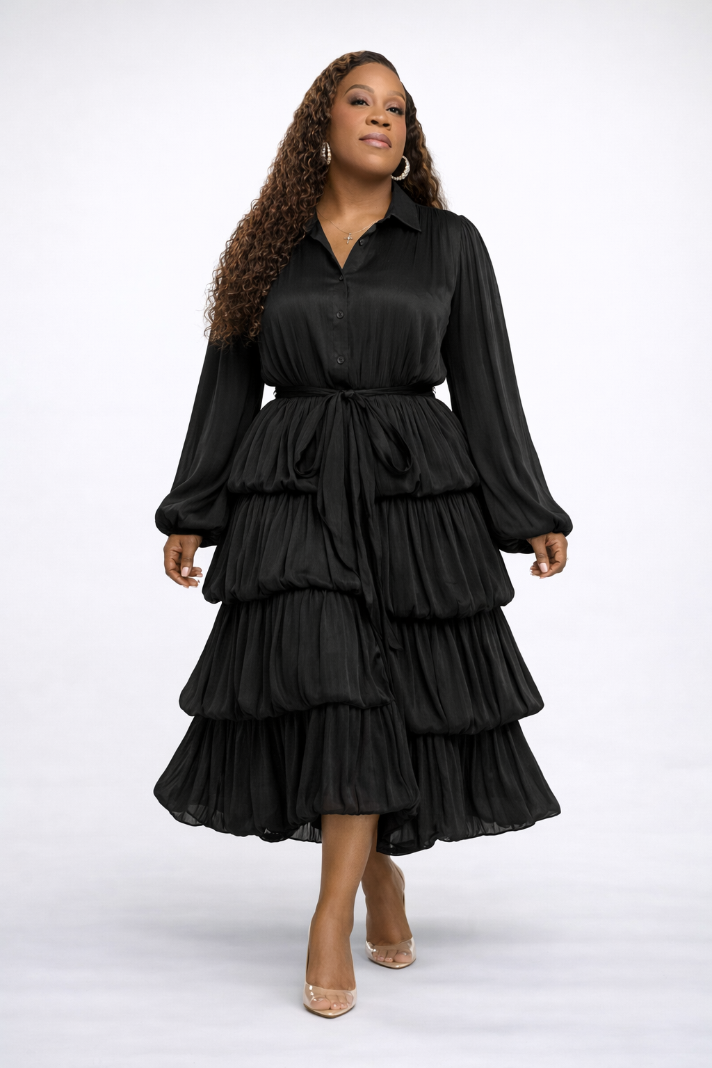 Long Sleeve Bubble Tiered Layered Midi Dress