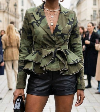 Camo Long Sleeve Ruffle Peplum Blazer Zipper Jacket