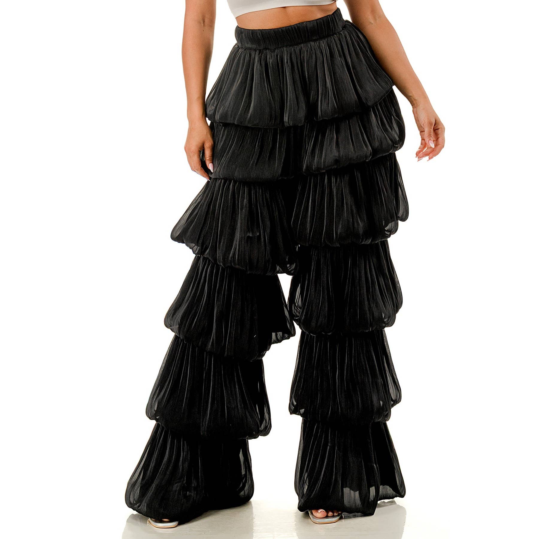 Black Bubble Hem Tiered Ruffled Organza Pants