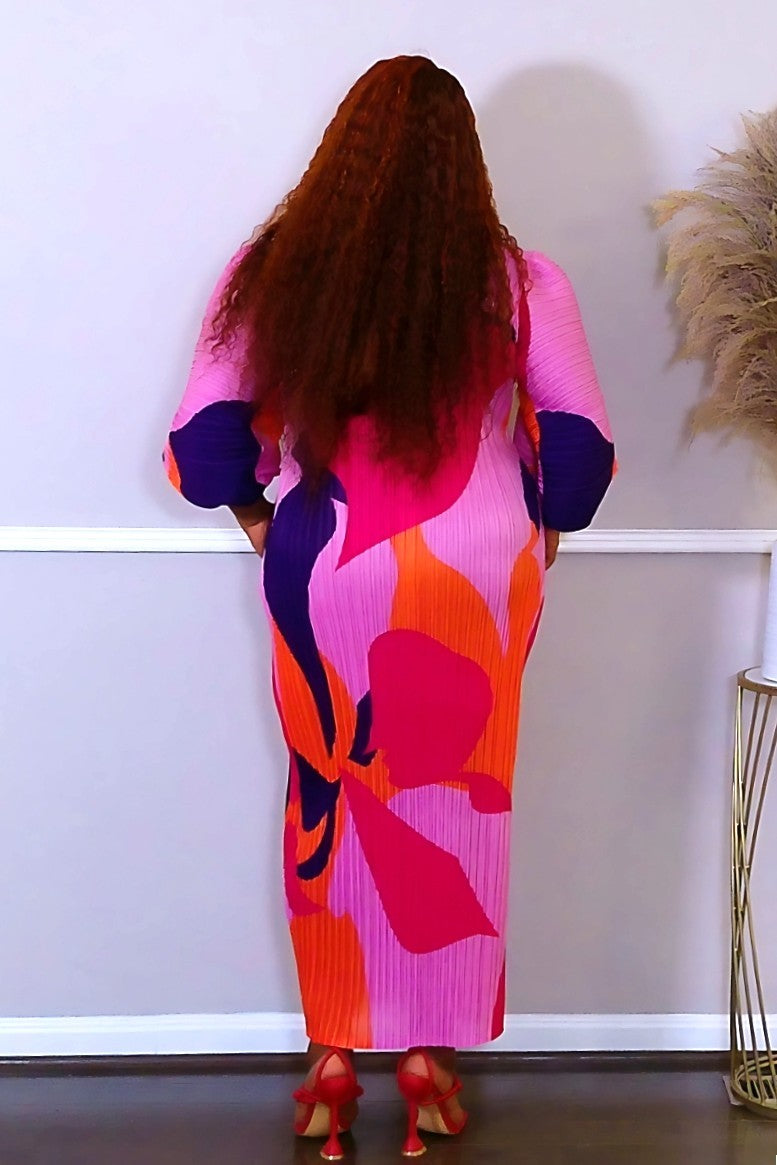 Colorful in Pink  Puff Sleeve  Maxi Dress