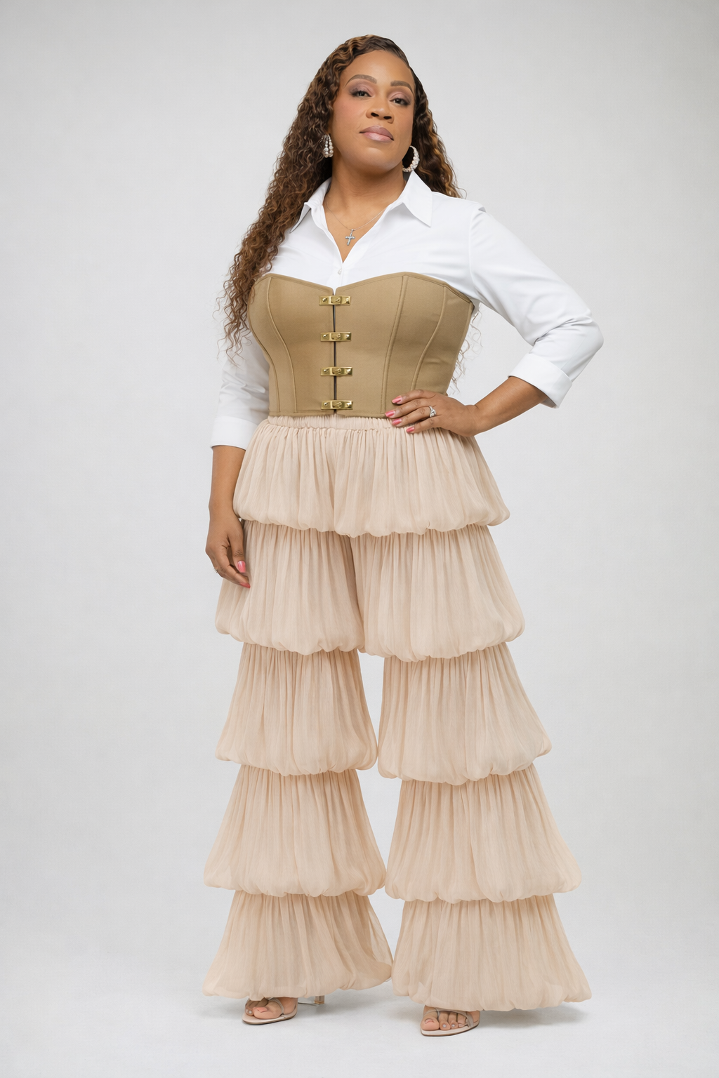 Khaki Bubble Hem Tiered Ruffled Organza Pants