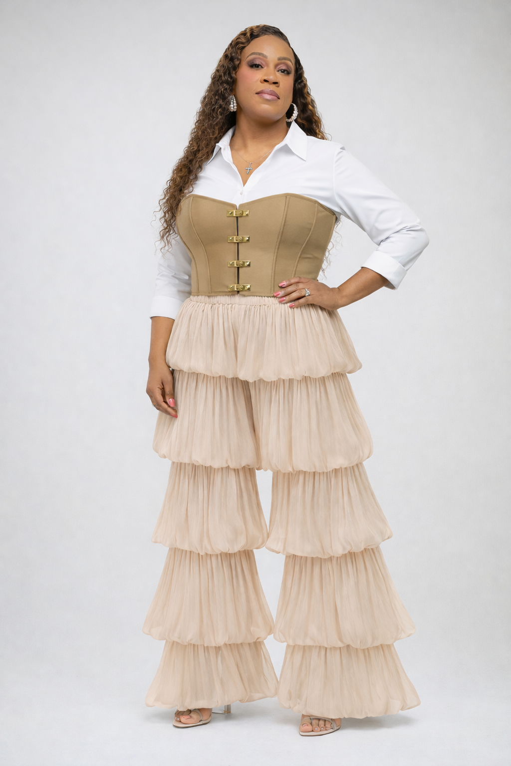 Khaki Bubble Hem Tiered Ruffled Organza Pants